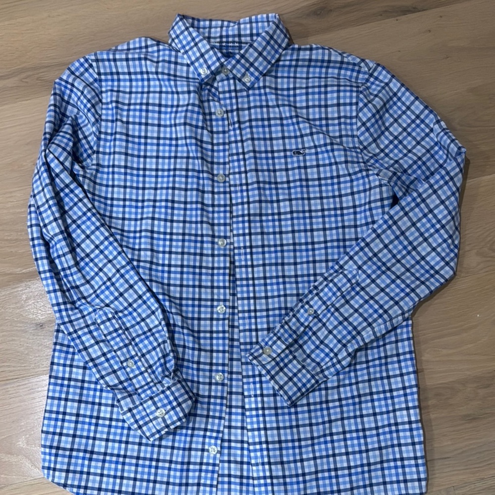 Vineyard Vines Blue and White Checkered Kids Button Down Shirt - dry fit type